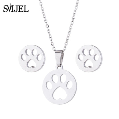 Lovely Gold Color Kitten Cat Stainless Steel Jewelry Set Necklaces Men Collares Fashion Hollow Cat Earring Necklace Paw Jewelry