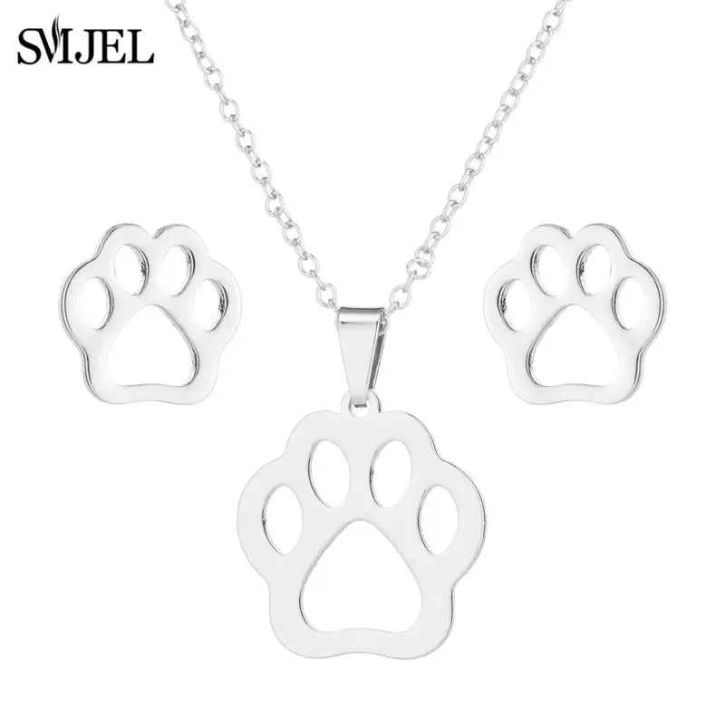 Lovely Gold Color Kitten Cat Stainless Steel Jewelry Set Necklaces Men Collares Fashion Hollow Cat Earring Necklace Paw Jewelry
