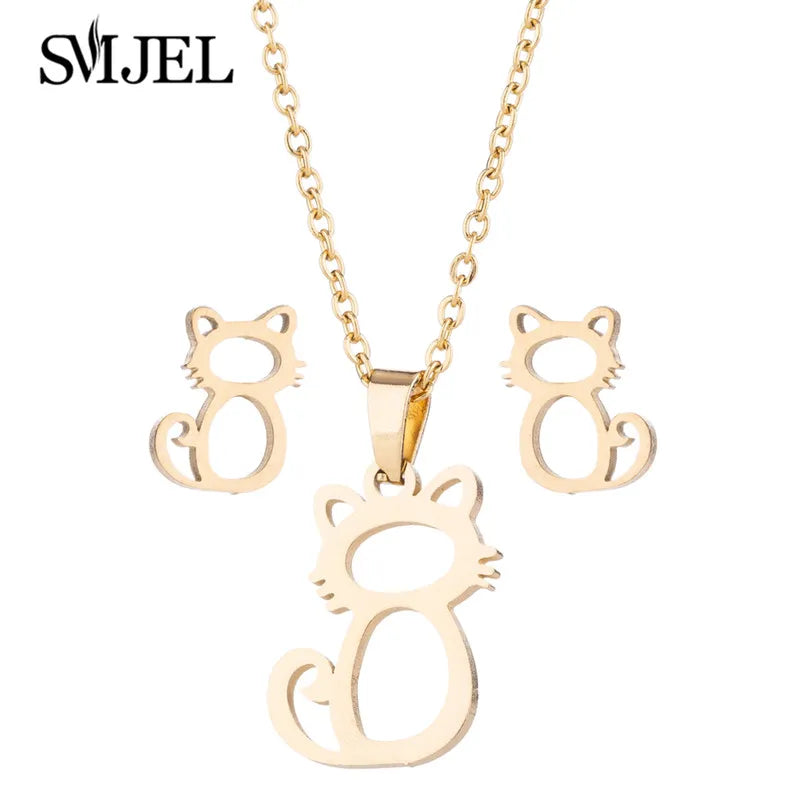 Lovely Gold Color Kitten Cat Stainless Steel Jewelry Set Necklaces Men Collares Fashion Hollow Cat Earring Necklace Paw Jewelry