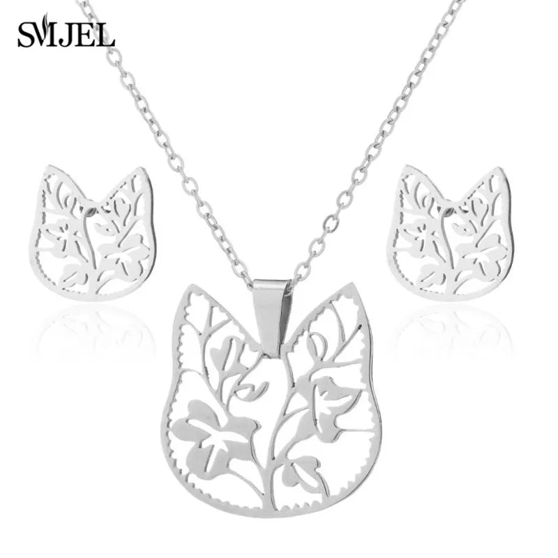 Lovely Gold Color Kitten Cat Stainless Steel Jewelry Set Necklaces Men Collares Fashion Hollow Cat Earring Necklace Paw Jewelry