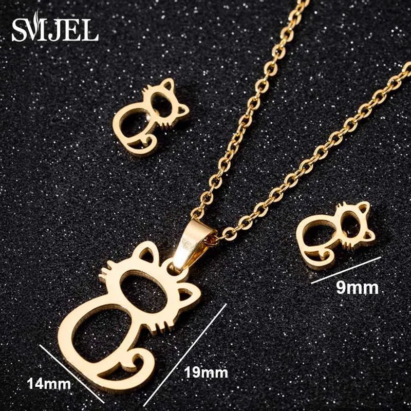Lovely Gold Color Kitten Cat Stainless Steel Jewelry Set Necklaces Men Collares Fashion Hollow Cat Earring Necklace Paw Jewelry