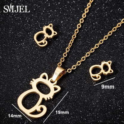 Lovely Gold Color Kitten Cat Stainless Steel Jewelry Set Necklaces Men Collares Fashion Hollow Cat Earring Necklace Paw Jewelry
