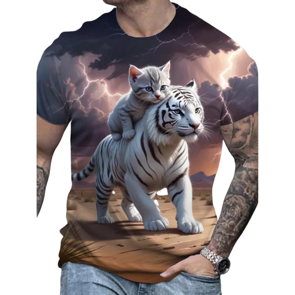 Men's T-Shirt Funny Cat Pattern Cool Printed Men's Short Sleeve Fashion O-Neck T-Shirt Outdoor Casual Lightweight Men's Clothing