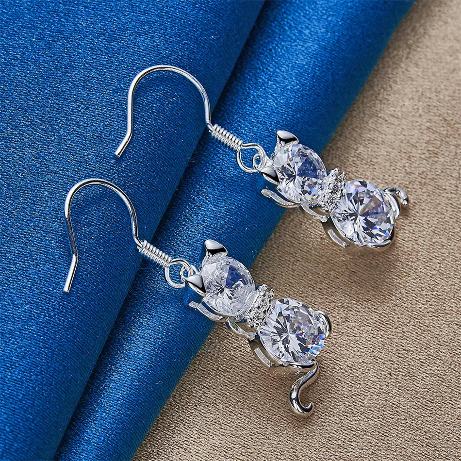 1 pair of 925 sterling silver exquisite cat zircon pendant earrings, women's fashion accessories gift, engagement jewelry