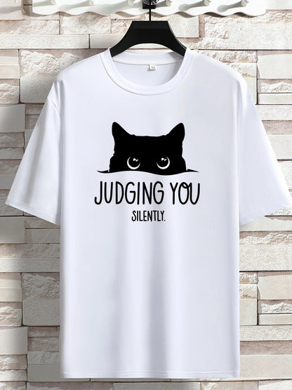 JUDGING YOU SILENTLY' Cat Print Loose T-shirt, Women Short Sleeve Crew Neck Tops, Casual Clothing for Spring Summer