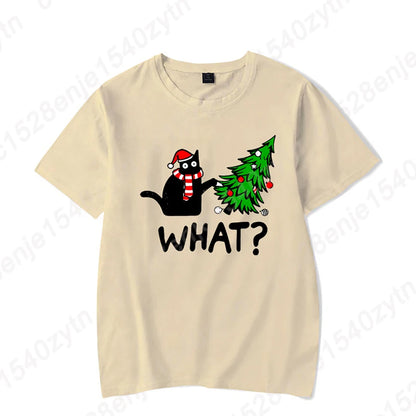 Christmas Black Cat Christmas Tree Print T-shirts Women Summer Short Sleeve Round Neck Loose T-Shirts Creative Personalized Tops