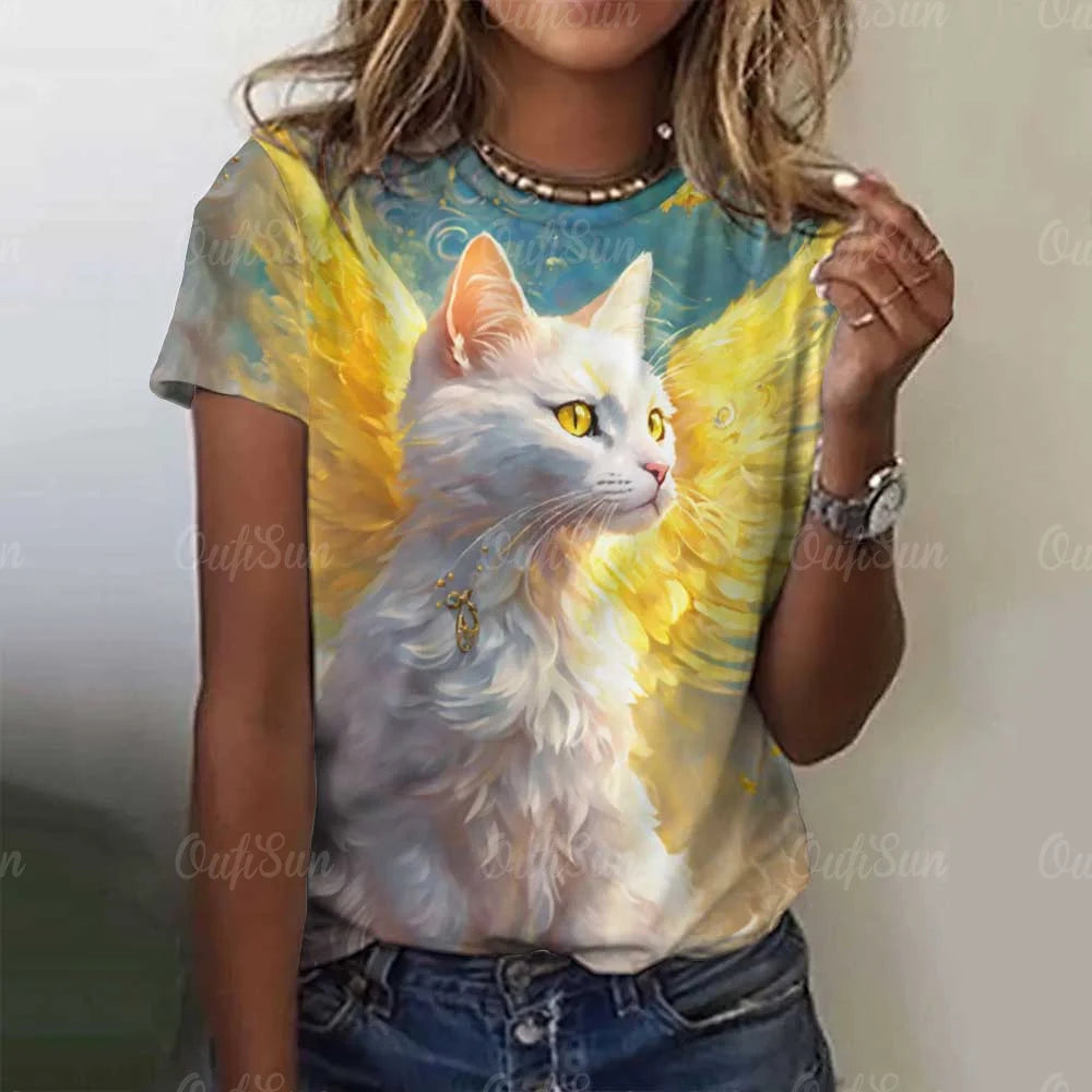 Cute Cat Women's T-Shirt Summer Round Neck Short Sleeved Clothing Christmas Gift Pullover Tops Fashions Animal Casual T-Shirts