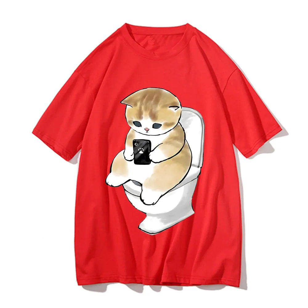 Cute Kitten Cat Play Games Print Avant-garde Fashion Trend Loose Cotton Round Neck Short Sleeve Men's T-shirt Korean Clothing