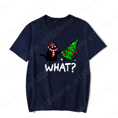 Christmas Black Cat Christmas Tree Print T-shirts Women Summer Short Sleeve Round Neck Loose T-Shirts Creative Personalized Tops