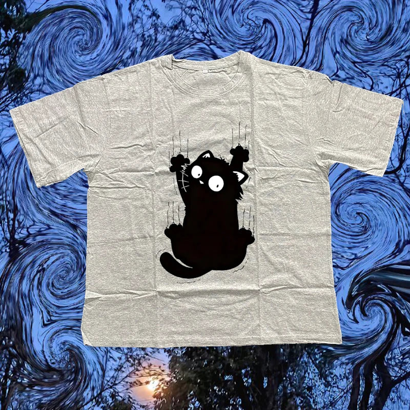Fashion Breathable Loose Casual Round-Neck WomenT-shirt Creative Cat Pattern Printing Top Harajuku Aesthetics Vintage Gothic Tee