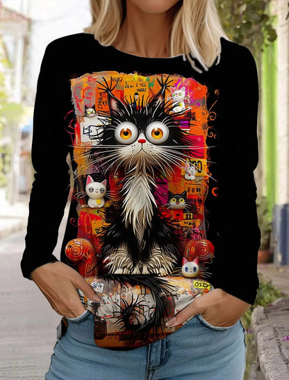 Women's Cute Cat Long Sleeves T-Shirt Round Neck Long Sleeved Autumn Animal Clothing Holiday Gift Clothing Fashion Party T-Shirt
