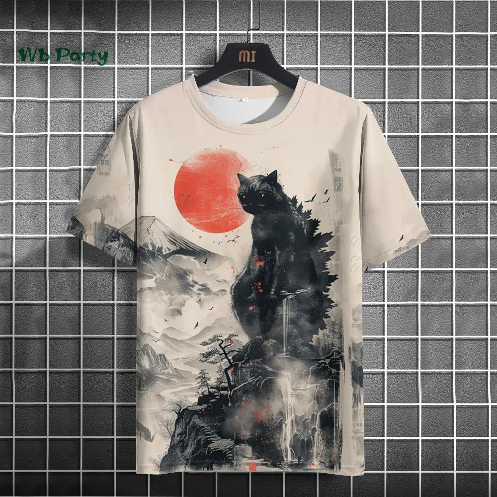 Japanese Men's T-Shirt Ukiyo-E Cat Print Short Sleeve T-Shirt Casual Harajuku Tops Summer Men's Daily Outdoor Oversized Clothing