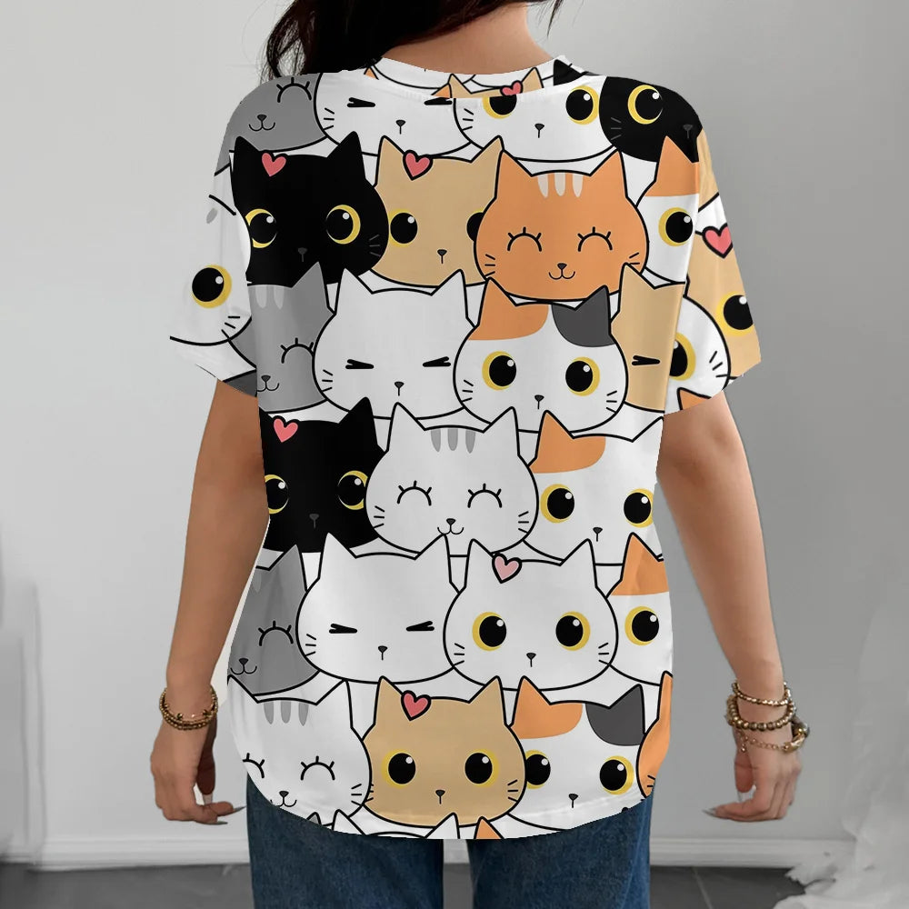 Cute And Playful Cartoon Cat Pattern Women's Fun T-shirt Fashionable And Comfortable White Short Sleeve