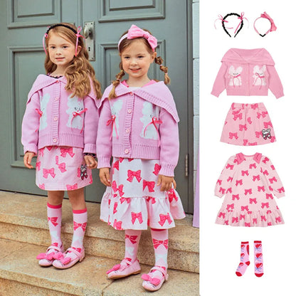 Children's Clothes 2025BE Knitwear Cardigan Skirts Baby Girls Autumn Winter Princess Bow Printed Dress Clothings KIDS AM Korean