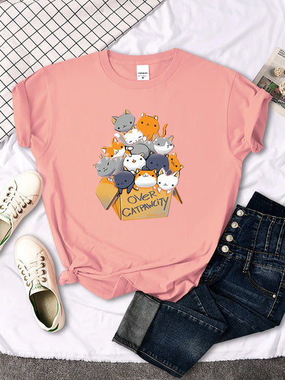 Womany Cats Gathered In The Printing Woman Tshirt Leisure Creativity T Shirt Summer Newtop Crewneck Breathable Woman T Shirts