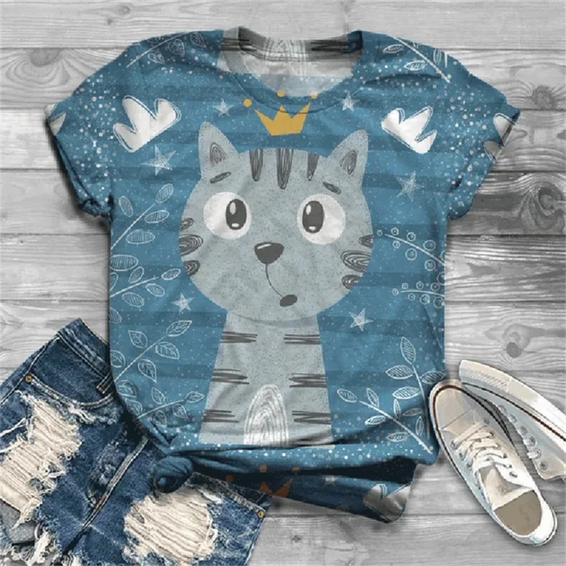 3D Printed Lovely Cat T Shirts For Women Casual Clothing Short Sleeve Tops Tshirts Streetwear Loose Oversized Breathable Tees