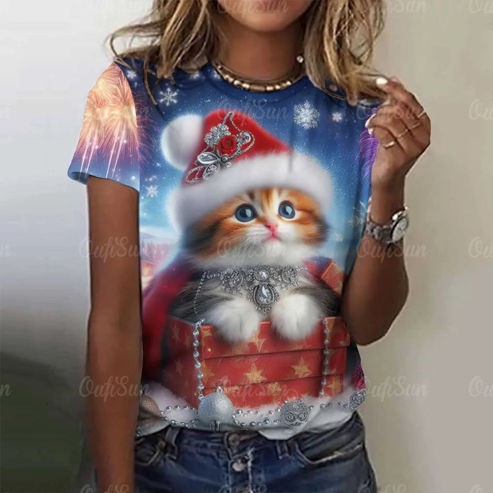 Cute Cat Women's T-Shirt Summer Round Neck Short Sleeved Clothing Christmas Gift Pullover Tops Fashions Animal Casual T-Shirts