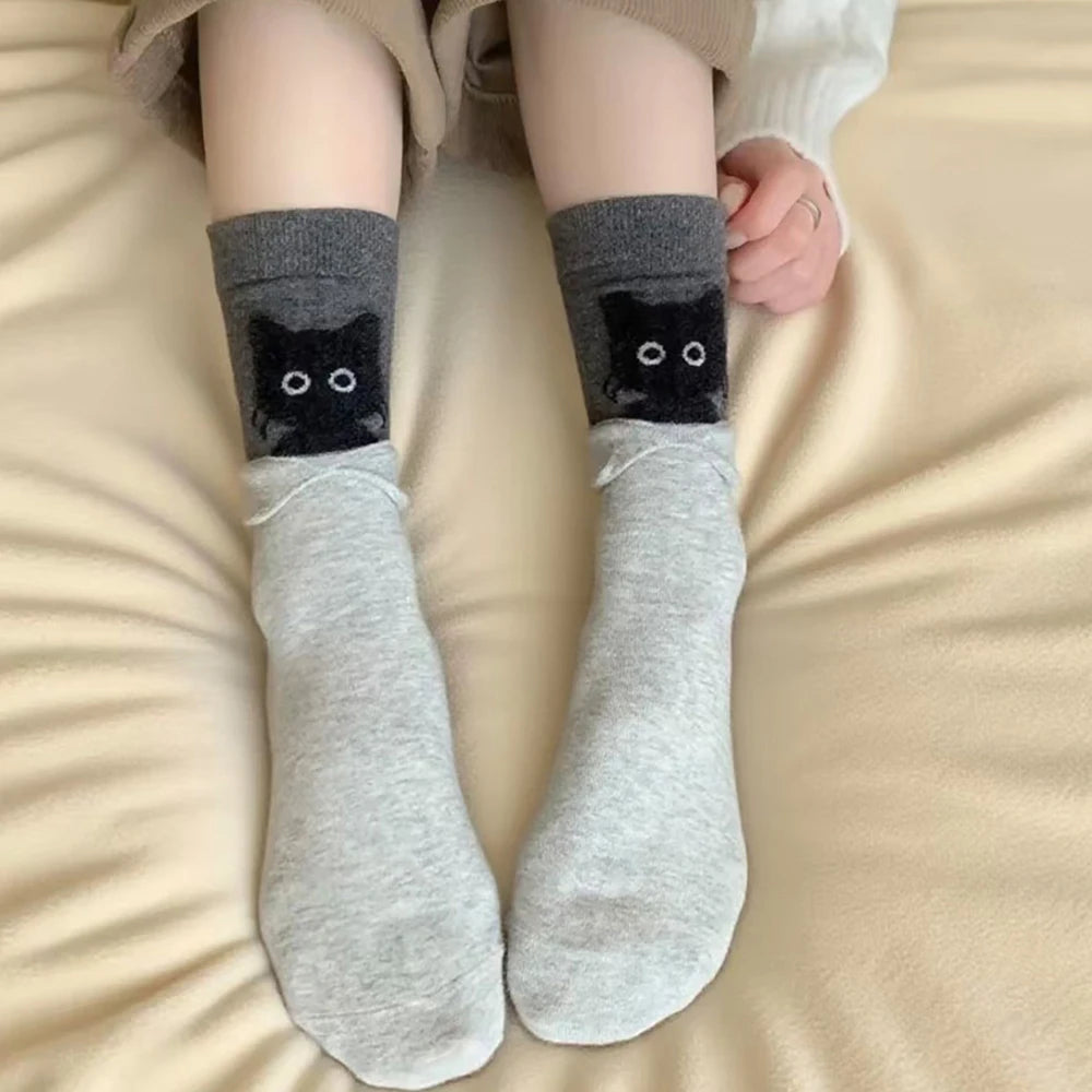 3 Pairs Kits Cat Cartoon Mid-Calf Socks Funny Hide-and-Seek Cute Warm Socks Cotton Women Home Sleep Stockings Black Gray
