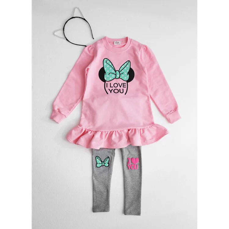 Kids Clothing Set Spring Autumn Cartoon Bow Knot Long Sleeve Cotton Shirt+Leggings 2Pcs Suit For 3-8 Years Girls Casual Outfit