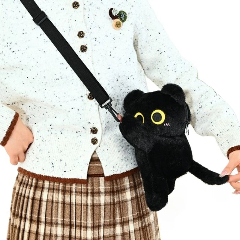 Cute Black Cat Plush Backpack Crossbody Bag Kawaii Fluffy Kitten Key Pendant Stuffed Animal Shoulder Bag Girl Gift Car Key Ring