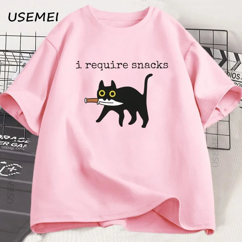 I Require Snacks T-Shirt Men Funny Black Cat Tshirt Cat Mom Cotton Short Sleeve Round Neck Tees Streetwear Man Clothes Tops