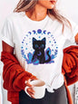 Cute Crystal Black Cat Fashion Letter Print T-Shirt Women Short-Sleeve Crew Neck Casual Top Spring Summer Fall Seasonal Tee Tops