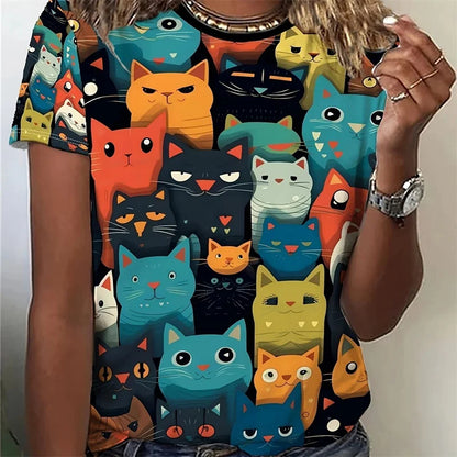 Cat Animal Pattern T-Shirt For Women Easter Egg 3D Printed T Shirts Summer Casual Oversized Tees Round Neck Tops Short Sleeves