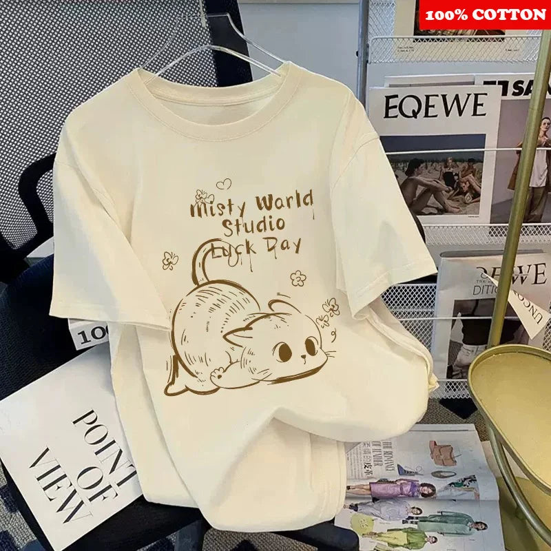 Korean Cute Cat Print T-shirt Women Summer 2025 New Round neck Short Sleeve T-shirt Loose Casual Y2k Tops kawaii Female clothing