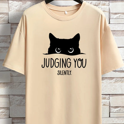 JUDGING YOU SILENTLY' Cat Print Loose T-shirt, Women Short Sleeve Crew Neck Tops, Casual Clothing for Spring Summer