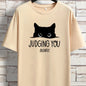 JUDGING YOU SILENTLY' Cat Print Loose T-shirt, Women Short Sleeve Crew Neck Tops, Casual Clothing for Spring Summer