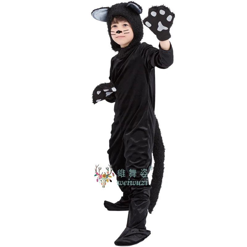 Children's Day Black Cat Cosplay Kids Costume Cute Kitten Animal Onesie Gloves Hat Suit Suitable for Stage Show Halloween Party