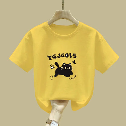 Cute Cat Design Childrens Short Sleeve T Shirt Summer Fashion Top for Girls Kids Clothes