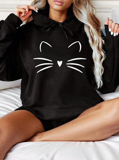 Cat Face Printed Sportswear for Womensoft and Warm Hooded Sweatshirt Winter Pullover Casual Round Neck Women's Clothing