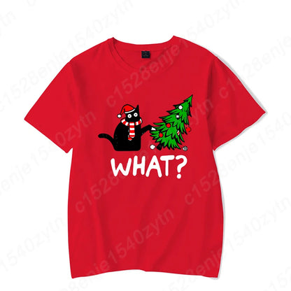 Christmas Black Cat Christmas Tree Print T-shirts Women Summer Short Sleeve Round Neck Loose T-Shirts Creative Personalized Tops