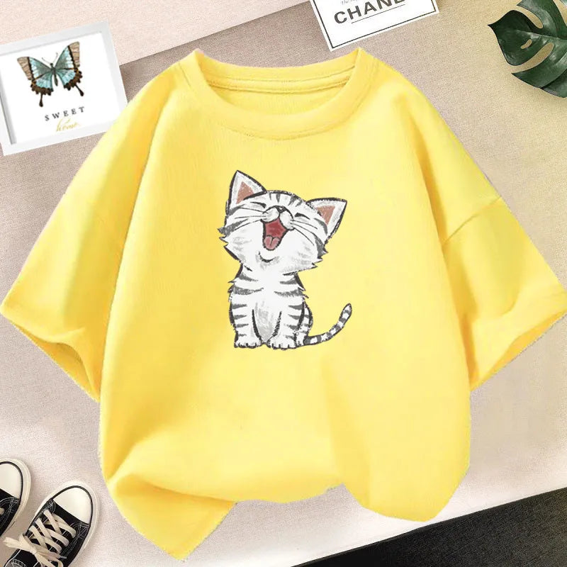 Kids Lovely Cat Pet Animal T Shirt Fashion Summer Girls Cute Casual Top Short Sleeve Tshirts Children Cartoon Graphic Tee