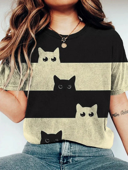 Women's Funny Animal Cat Printed T Shirt Short Sleeve Tees Tops 3D Prints O-Neck Shirts Summer Casual Women's Clothing Apparel