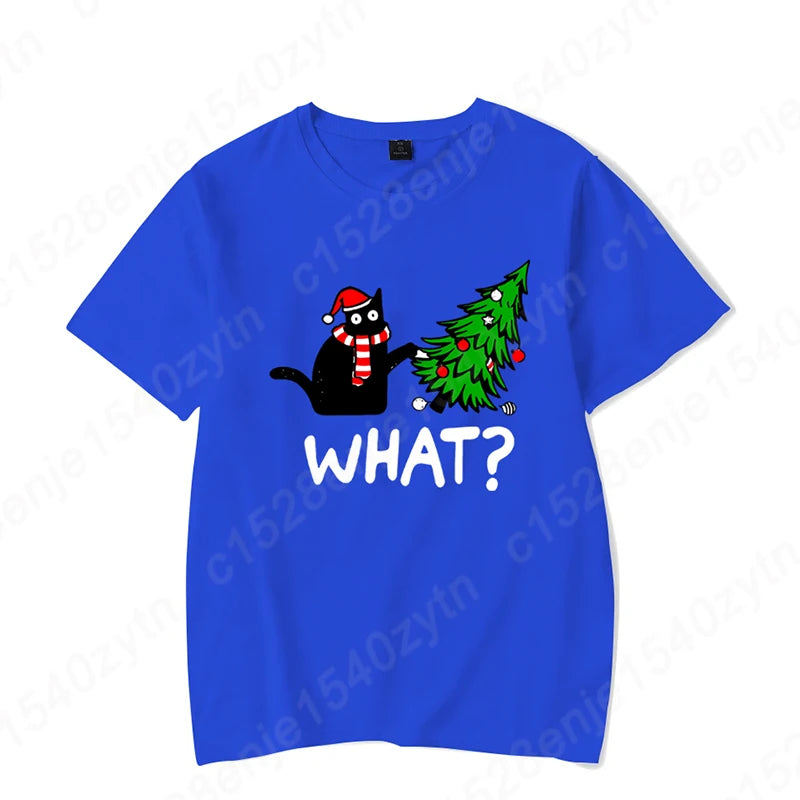 Christmas Black Cat Christmas Tree Print T-shirts Women Summer Short Sleeve Round Neck Loose T-Shirts Creative Personalized Tops