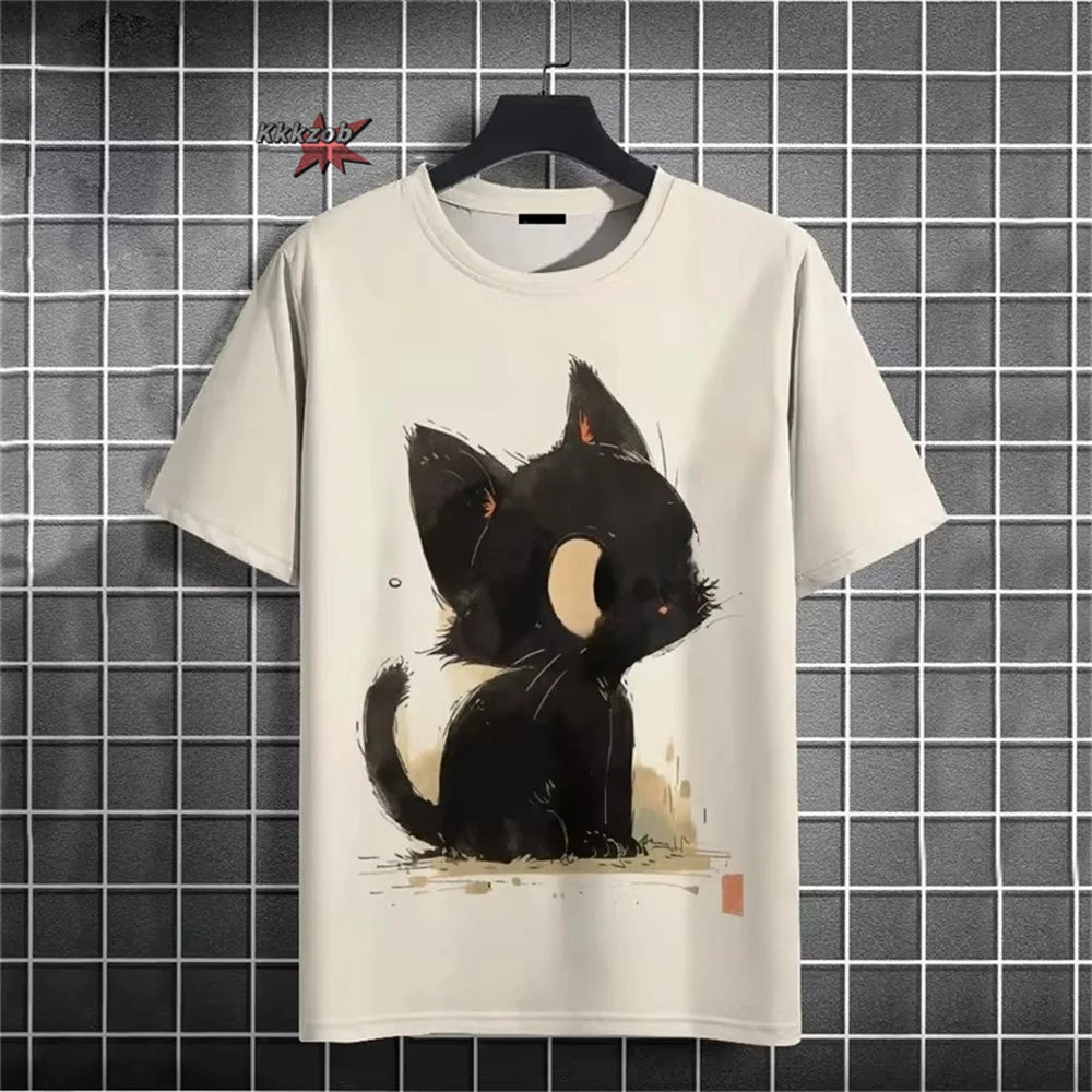 Japanese Ukiyo-E Cute Cat Pattern Round Neck Men's Short Sleeved Daily Oversized T-Shirt Harajuku Y2k T-Shirt T-Shirt Men Top