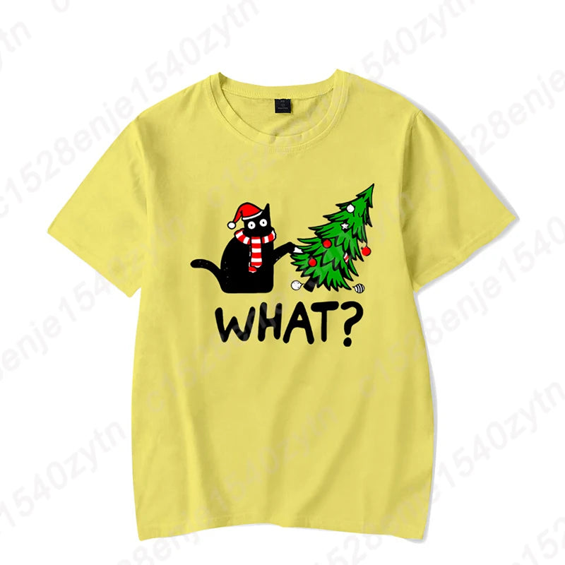 Christmas Black Cat Christmas Tree Print T-shirts Women Summer Short Sleeve Round Neck Loose T-Shirts Creative Personalized Tops