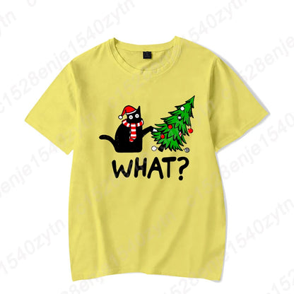 Christmas Black Cat Christmas Tree Print T-shirts Women Summer Short Sleeve Round Neck Loose T-Shirts Creative Personalized Tops