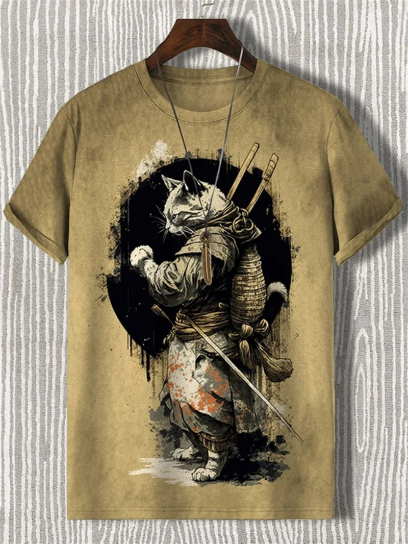 Japanese Style Samurai Cat Graphic T Shirt For Men Causal 3D Printed O Neck Short Sleeve Tees Outdoor Oversize Men Clothing Tops