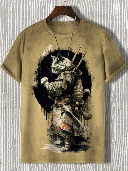 Japanese Style Samurai Cat Graphic T Shirt For Men Causal 3D Printed O Neck Short Sleeve Tees Outdoor Oversize Men Clothing Tops