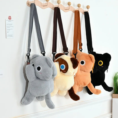Cute Black Cat Plush Backpack Crossbody Bag Kawaii Fluffy Kitten Key Pendant Stuffed Animal Shoulder Bag Girl Gift Car Key Ring