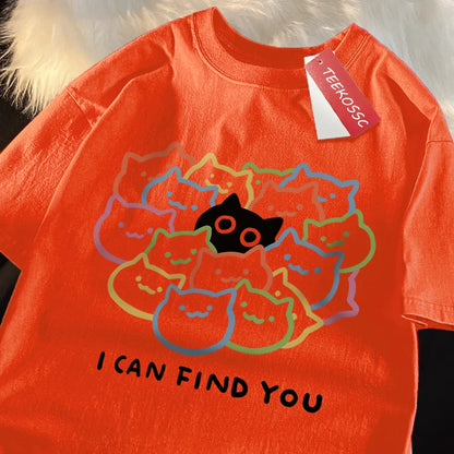 I Can Find You Fun Cat Print Tshirt Men Women Fashion Oversize T-Shirt Summer 100% Cotton Tee Clothing Loose Fashion Casual Tops