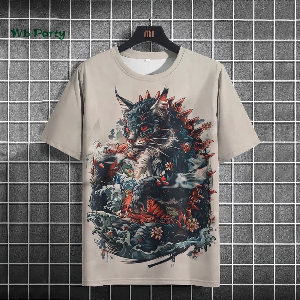 Japanese Men's T-Shirt Ukiyo-E Cat Print Short Sleeve T-Shirt Casual Harajuku Tops Summer Men's Daily Outdoor Oversized Clothing