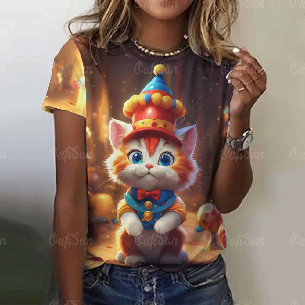 Cute Cat Women's T-Shirt Summer Round Neck Short Sleeved Clothing Christmas Gift Pullover Tops Fashions Animal Casual T-Shirts