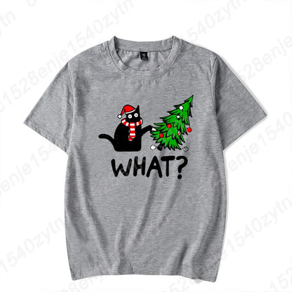 Christmas Black Cat Christmas Tree Print T-shirts Women Summer Short Sleeve Round Neck Loose T-Shirts Creative Personalized Tops