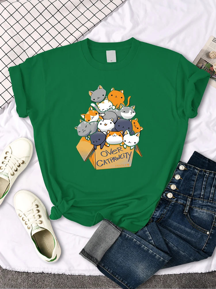 Womany Cats Gathered In The Printing Woman Tshirt Leisure Creativity T Shirt Summer Newtop Crewneck Breathable Woman T Shirts