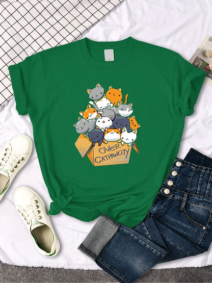 Womany Cats Gathered In The Printing Woman Tshirt Leisure Creativity T Shirt Summer Newtop Crewneck Breathable Woman T Shirts