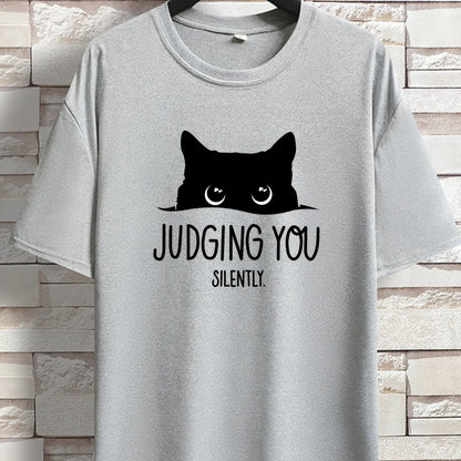 JUDGING YOU SILENTLY' Cat Print Loose T-shirt, Women Short Sleeve Crew Neck Tops, Casual Clothing for Spring Summer